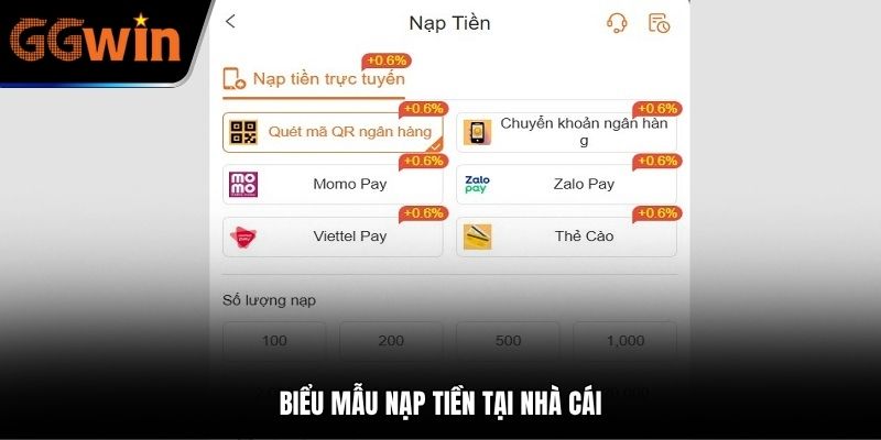 Biểu mẫu nạp tiền tại nhà cái GGWIN